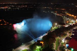 "view of Niagara Falls from a high restaurant"